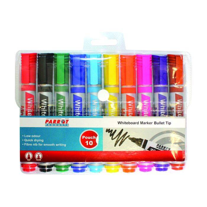 Parrot Assorted Colours Bullet Whiteboard Marker Pen Pouch  10 Pack