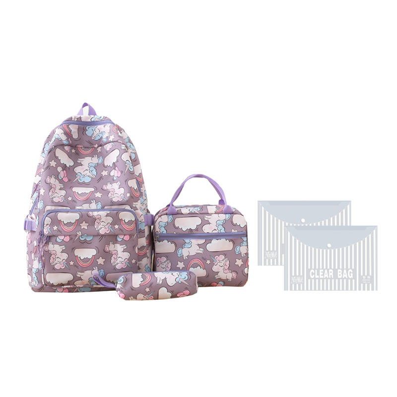 Unicorn Girls School Backpacks With Lunch Bag and Pencil Case - Purple