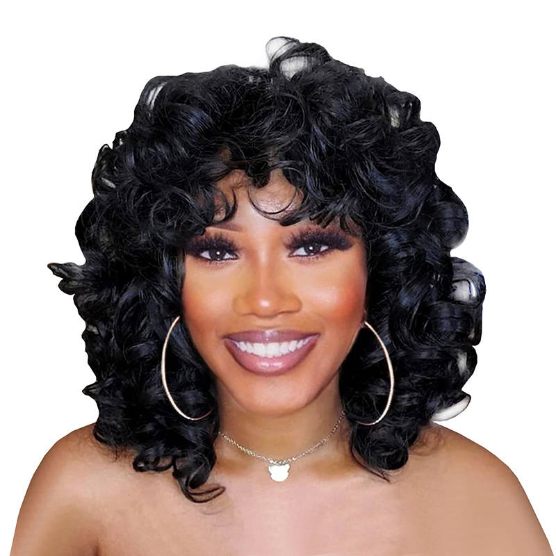 14'' Short Wavy Curly Black Wig With Bangs