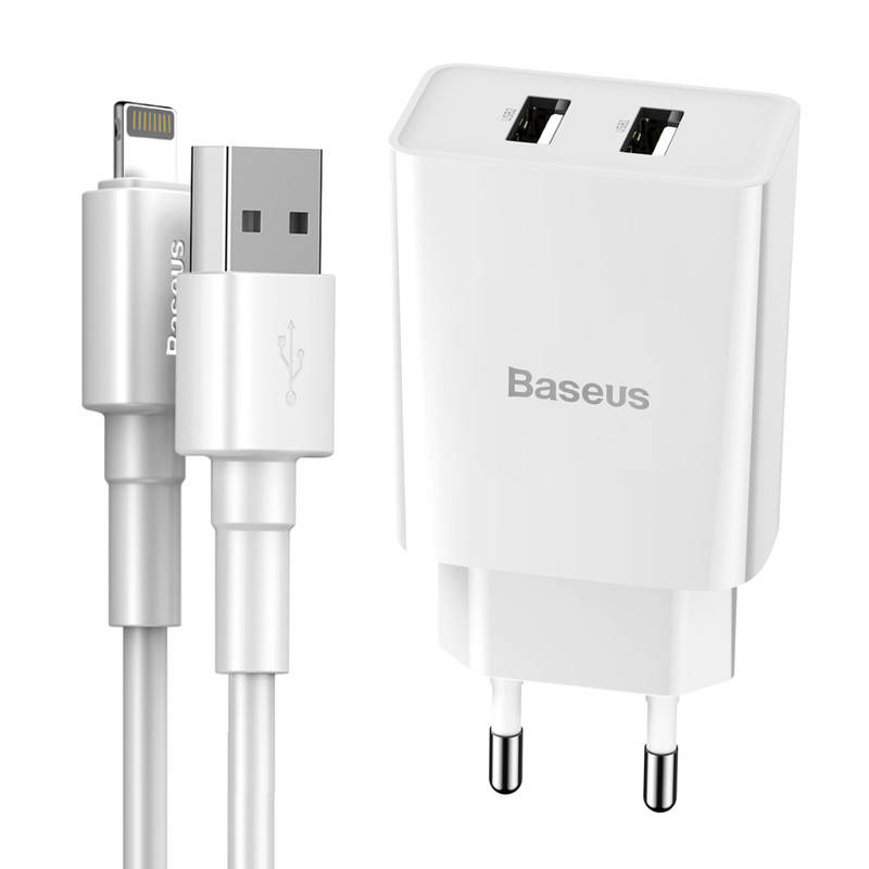 Baseus 10.5W Speed Mini Dual USB Type-A Wall Charger + Lightning Cable -Whi