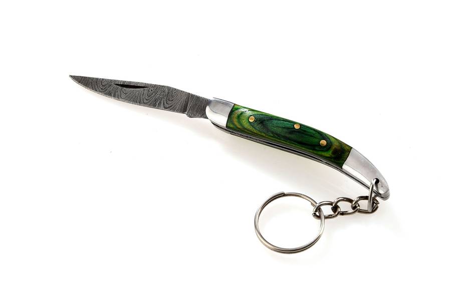 Damascus Knife Keyring - Green