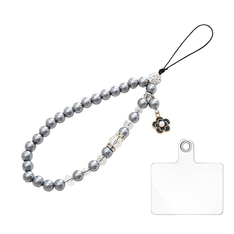 Beaded Crystal Pearls Phone Charm Chain with Patch - Black