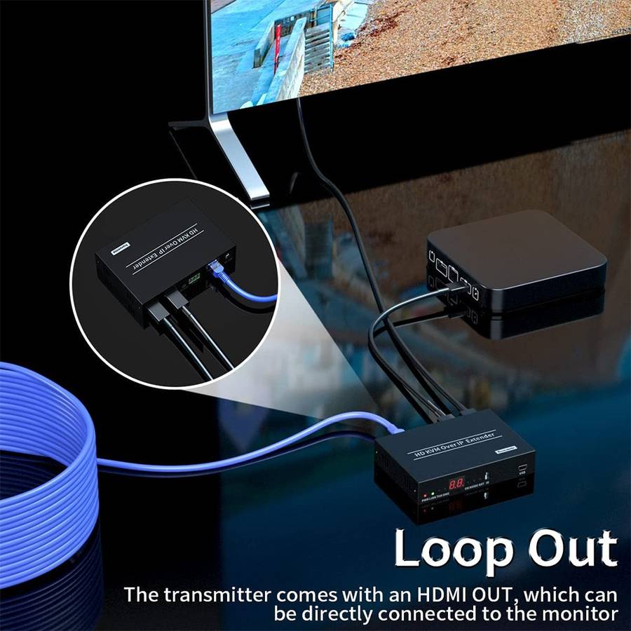 HDMI Extender Over Cat5e/6 - 1080p Over IP Ethernet / 150m / HDMI KVM Extender HDMI OUT / USB / I...
