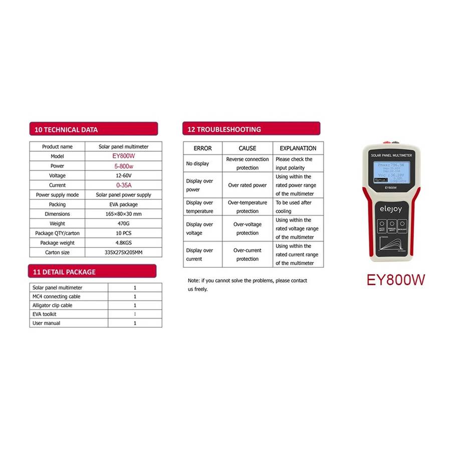 Elejoy Solar Panel Multimeter (EY800W) - Measure Power & Voltage (Open Circuit)