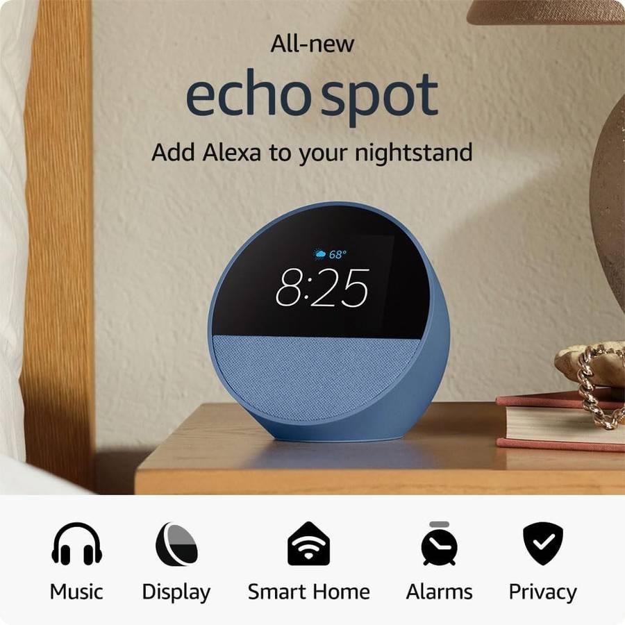 Amazon Echo Spot (2024) - Smart Alarm Clock with Vibrant Sound White