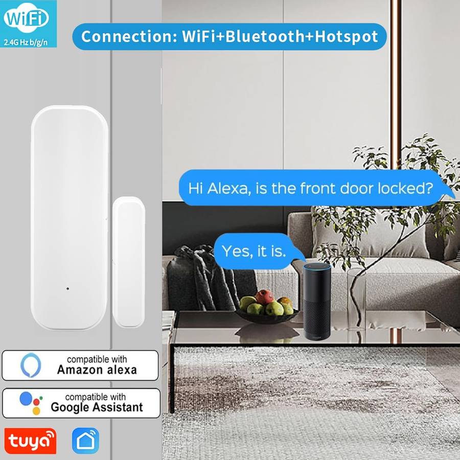 Tuya Smart Wi-Fi Door & Window Sensor - Remote Alerts & Works with Alexa/Google Home (White)