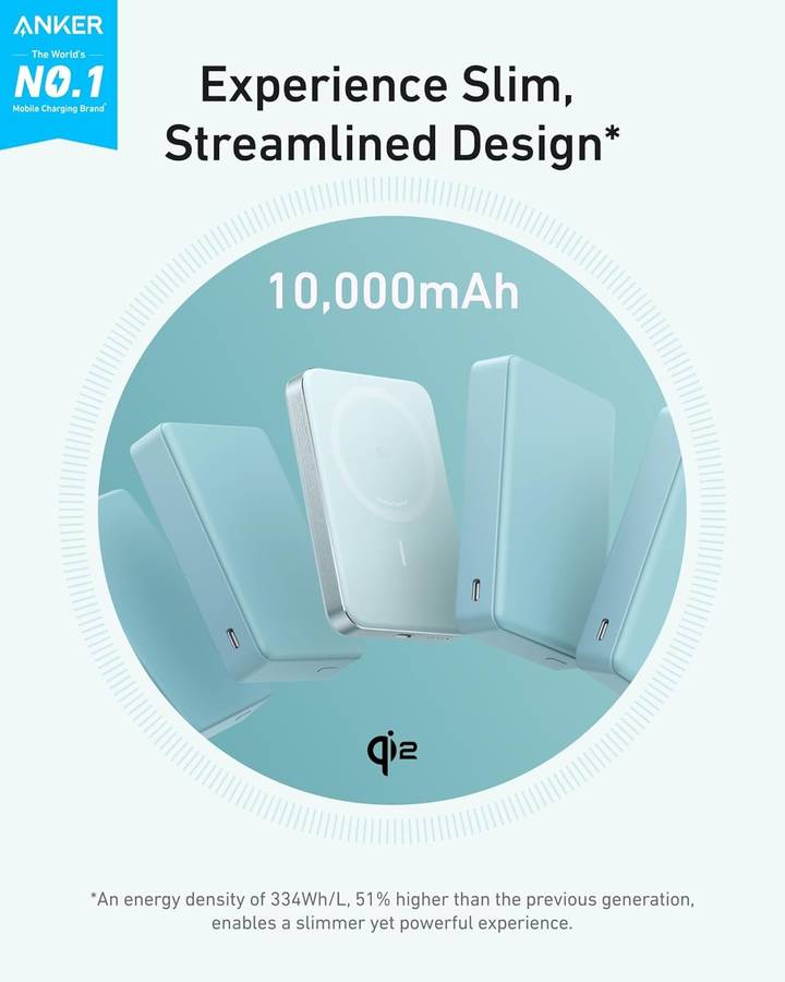 Anker MagGo Power Bank- Ultra Slim 10000mAh Magnetic Battery Pack- Qi2 Certified- Portable- 15W U...