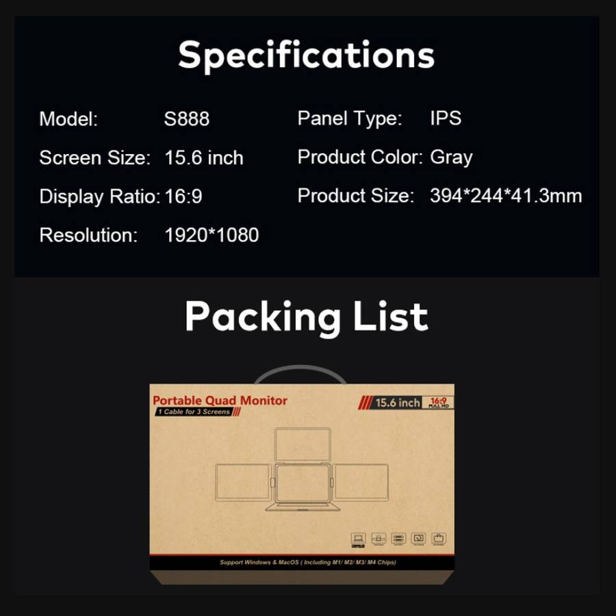 Portable Triple Screen Monitors  3 × 15.6 FHD IPS Foldable External Display with USB-C/HDM...