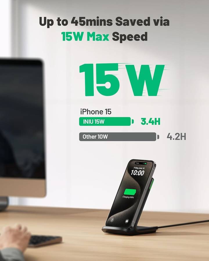 INIU I211 Wireless Charger - 15W Fast Qi Certified Charging Station with Sleep-Friendly Adaptive ...