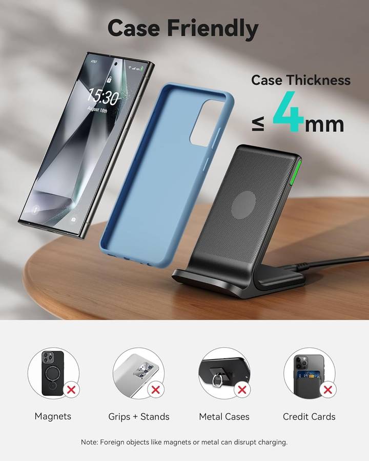 INIU I211 Wireless Charger - 15W Fast Qi Certified Charging Station with Sleep-Friendly Adaptive ...