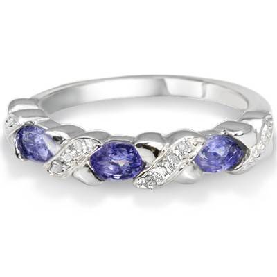 CHARMING! GENUINE BLUE TANZANITE GENUINE & WHITE DIAMOND 0.925 STERLING SILVER W/ PLATINUM RING 