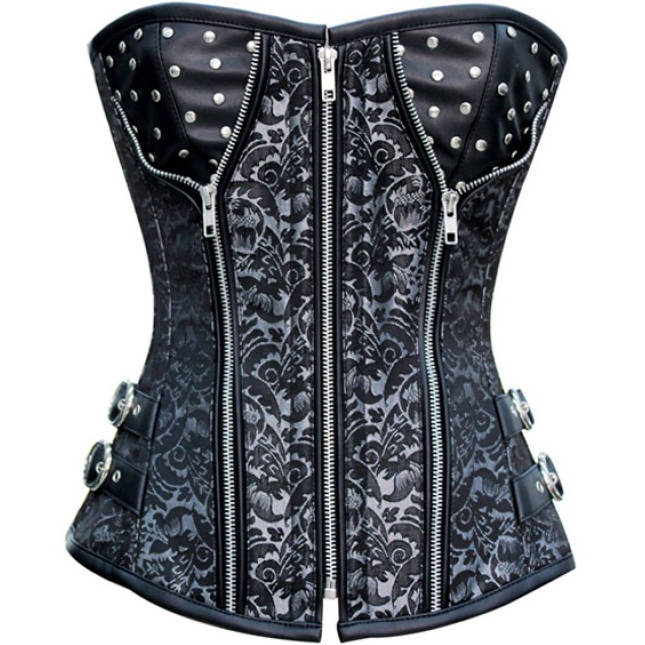Silver and Black Faux Leather and Brocade Corset, Stud Brocade Corset, Steampunk Corset, #N8850