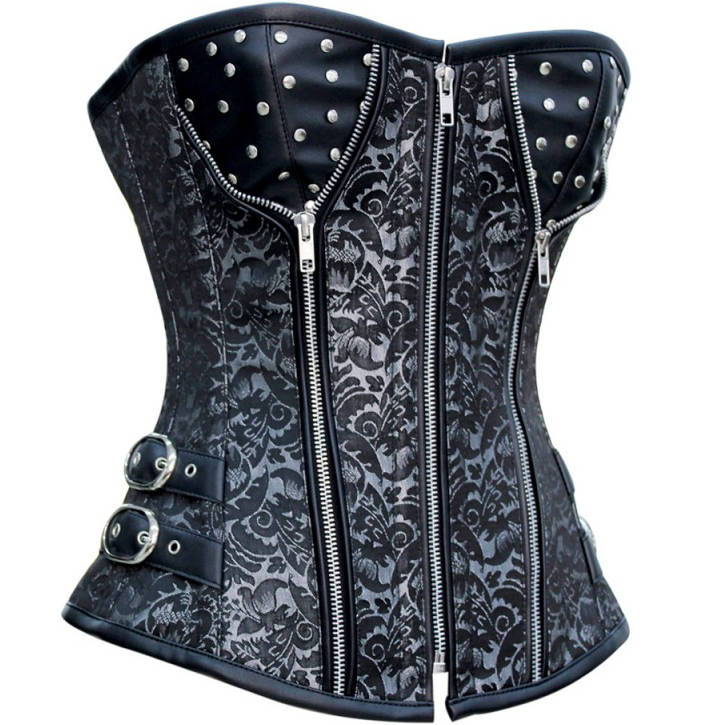 Silver and Black Faux Leather and Brocade Corset, Stud Brocade Corset, Steampunk Corset, #N8850