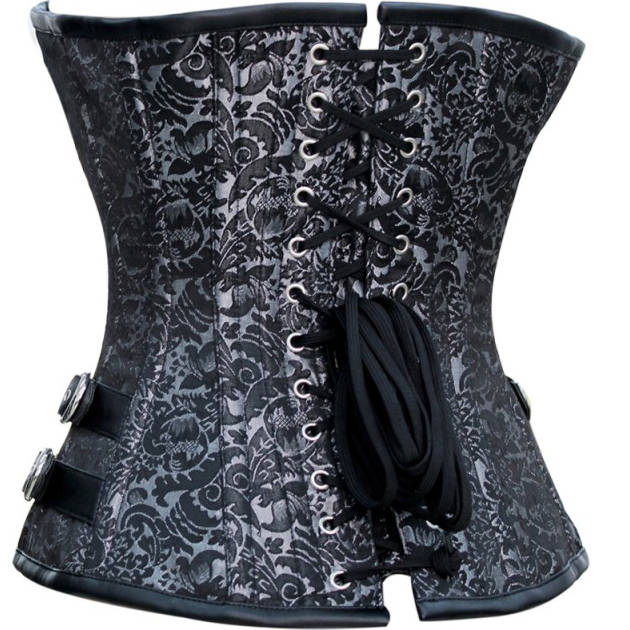 Silver and Black Faux Leather and Brocade Corset, Stud Brocade Corset, Steampunk Corset, #N8850