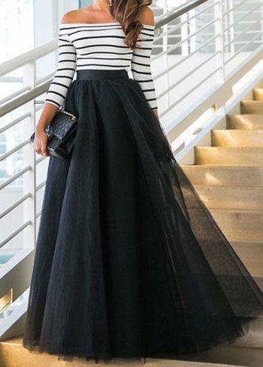 Three Quarter Sleeve Stripe Pattern 2 piecem Maxi Dress - Great deal