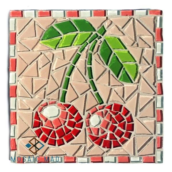 mosaic project, diy kit, mosaic, cherries, red, crystal glass, mosaic, tiles