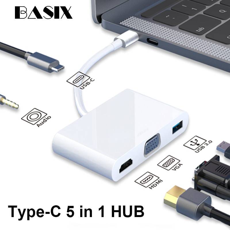 5-in-1 Thunderbolt 3 USB Type C Hub to HDMI VGA 3.5mm Jack USB Adapter