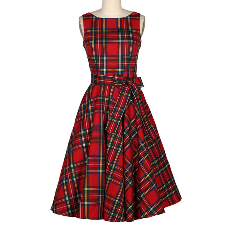 Women' 1950's Vintage Retro Red Plaid Belted A-Line Dress