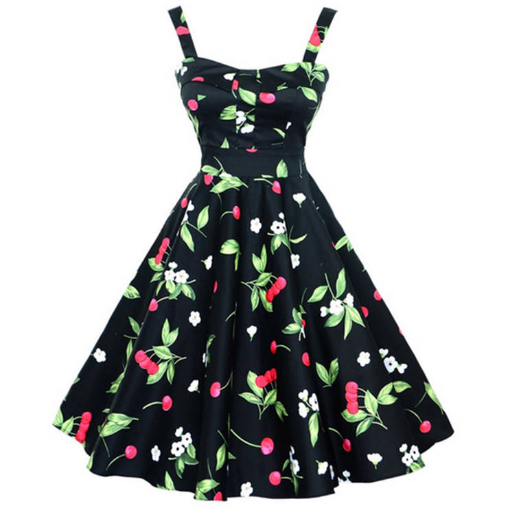 Charming 1950's Black Vintage Cheery Print Casual Swing Dress (In stock)