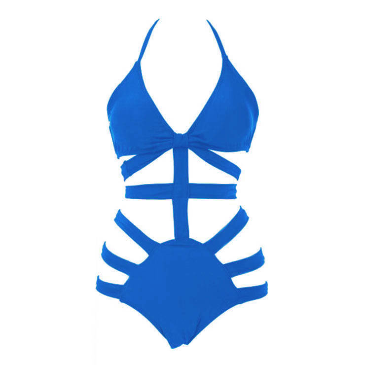 Fashion Blue Halter Neck Bandage One-piece Swimsuit