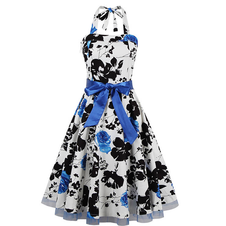 Elegant 1950's Vintage White Halter Floral Print Casual Dress