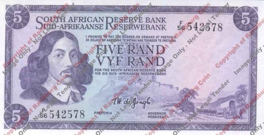 *#* TW de JONGH - 1st Issue - 5 Rand Eng/Afr - UNC *#*