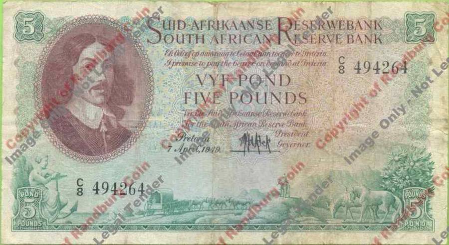 *#* MH DE KOCK - 2nd Issue - 1948/49 Five Pound F - Afr/eng - Staple holes *#*