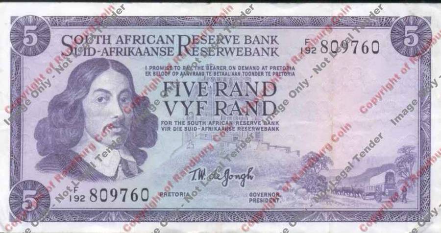 *#* TW de JONGH - 1st Issue - 5 Rand - Eng/Afr - VF+ *#*