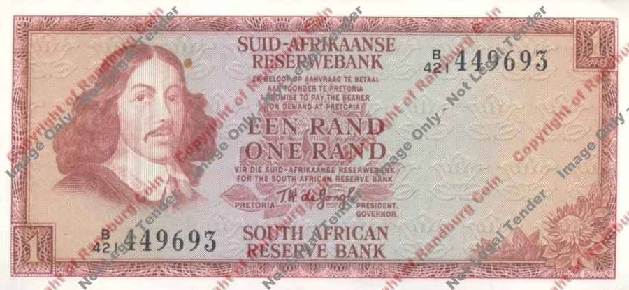*#* TW de JONGH - 3rd Issue - 1 Rand - Afr/Eng - AU - brown mark by va Riebeecks head *#*