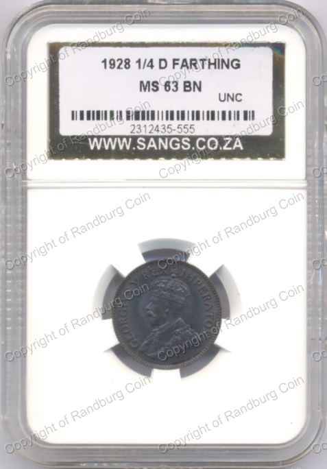 1928 Quarter Penny SANGS Slabbed MS 63 BN