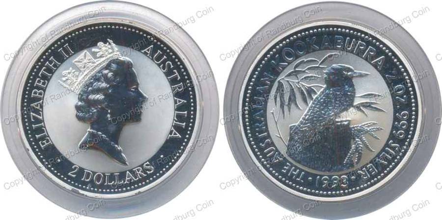 *#* Australia 1993P  - Silver 2 oz Unc 2 Dollars - Kookaburra in box with cert #*