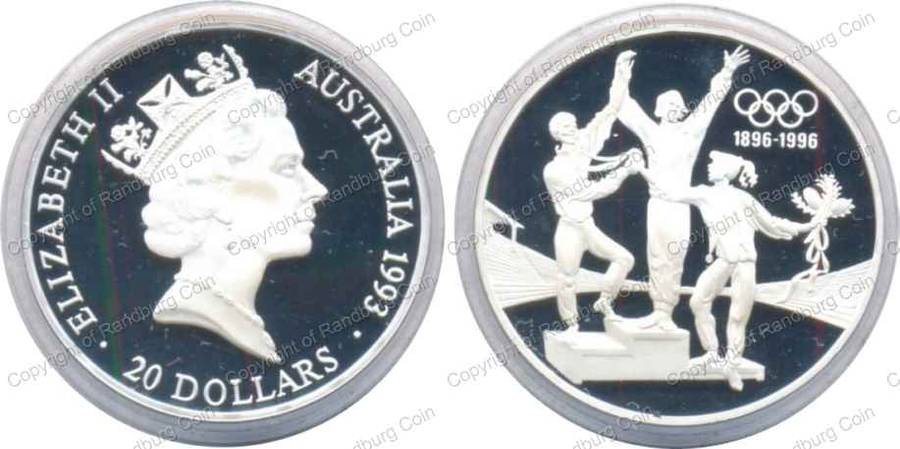 *#* Australia 1996 Proof Silver (Stg 34.1gr)  20 Dollars - Olympics 100 years *#*