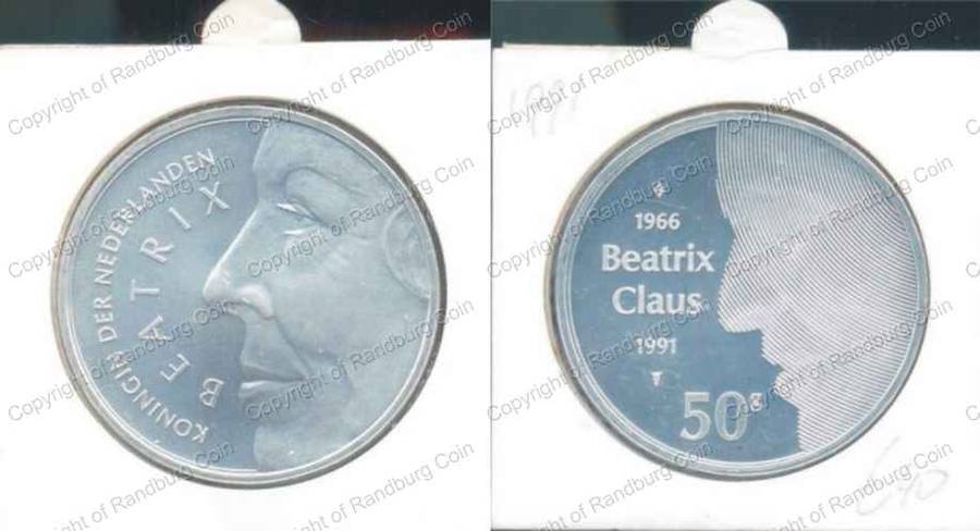*#* Netherlands 1991 UNC Silver 50 Gulden - Silver Wedding Anniversary Beatrix and Claus *#*