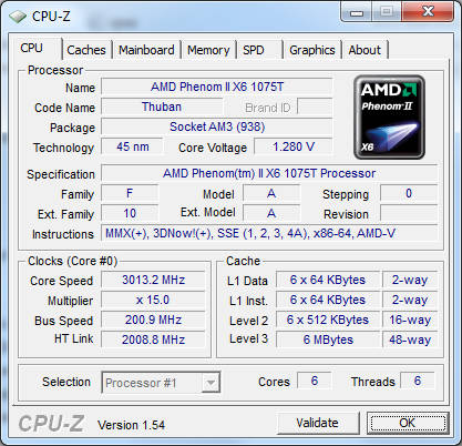 cpuz cpu AMD Phenom II x6 1075T 3.0GHz: Super Fast Processing For Less