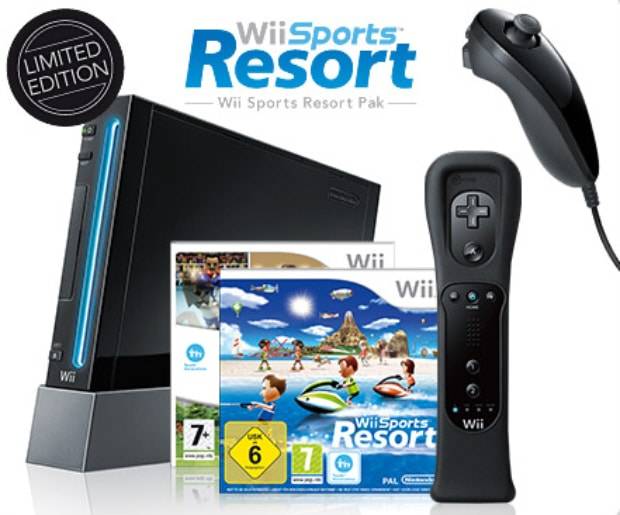 Black Wii Console + Controllers + Wii Sports Resort (hardly used)
