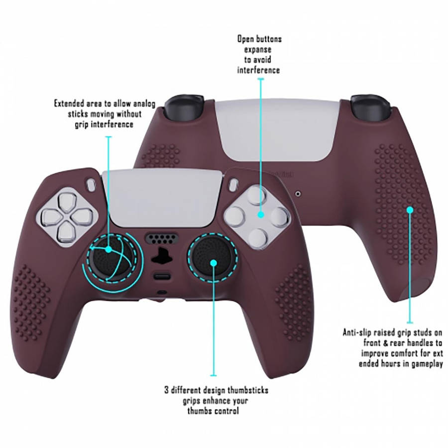 DS5 DUALSENSE CONTROLLER 3D STUD GRIP SILICONE GLOVE With 6 Black Joystick Caps Wine Red