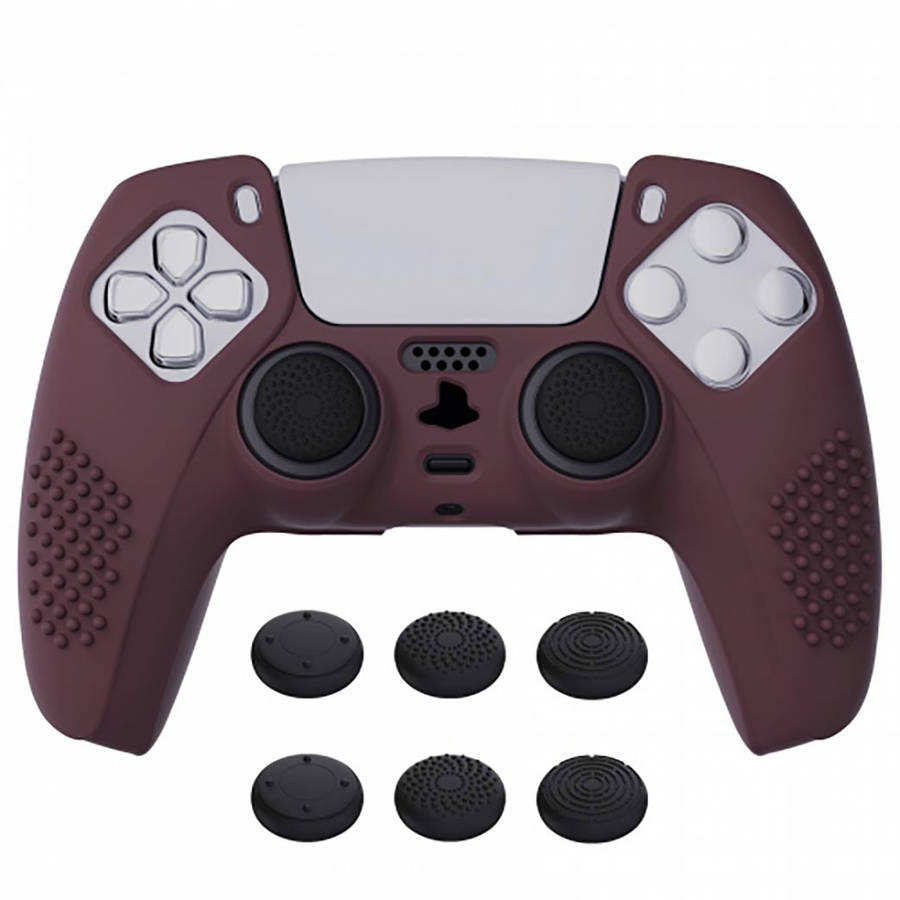 DS5 DUALSENSE CONTROLLER 3D STUD GRIP SILICONE GLOVE With 6 Black Joystick Caps Wine Red