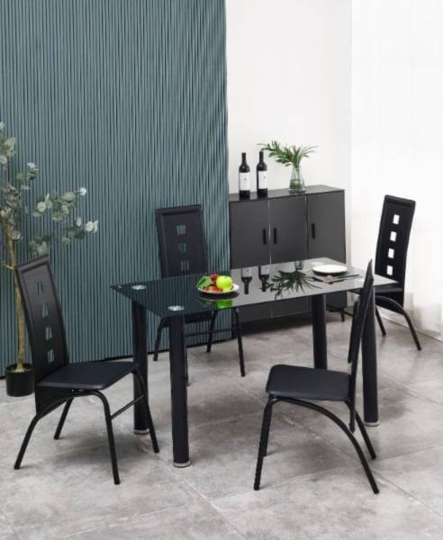 Kitchen table and chairs - Black Glass - Set of 5 - Assembled