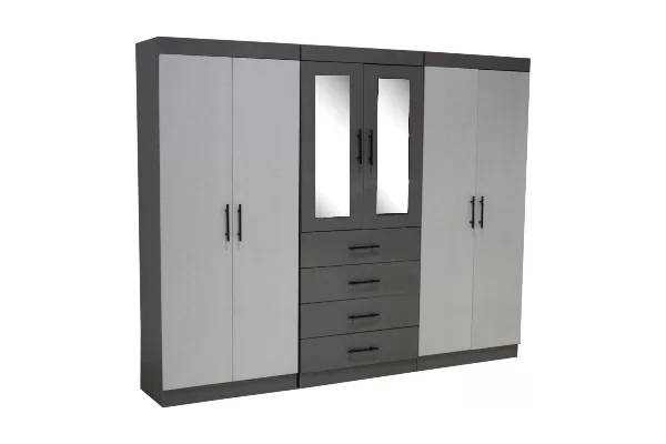 Double Wardrobe 6 doors - Grey and White - 2.7m - Assembled