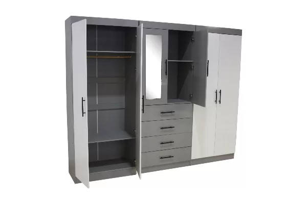Double Wardrobe 6 doors - Grey and White - 2.7m - Assembled