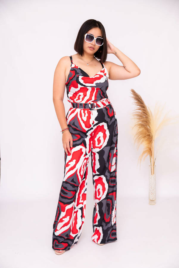 Olivia Belted Printed Jumpsuit Grey