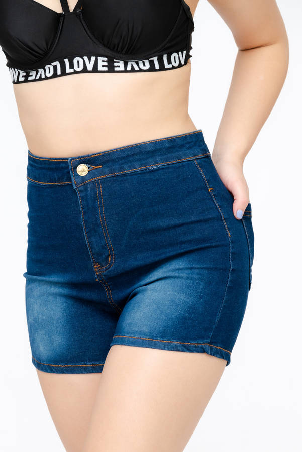Ladies Blue Denim Stretchy Summer Casual Shorts With Pockets