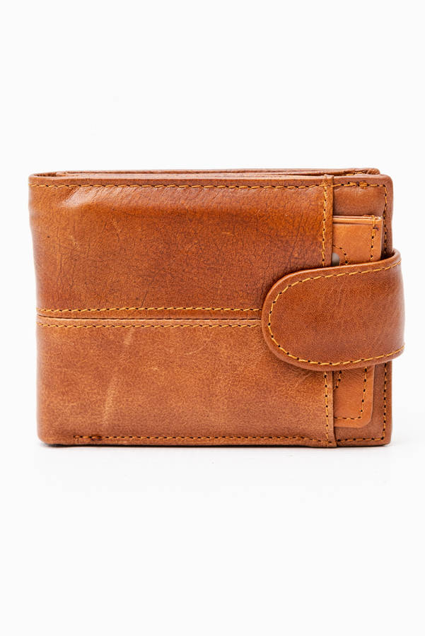 Camel Mountain Genuine Leather Bi Fold Stitch Detail Wallet with Coin Pouch Credit Card Holder Brown