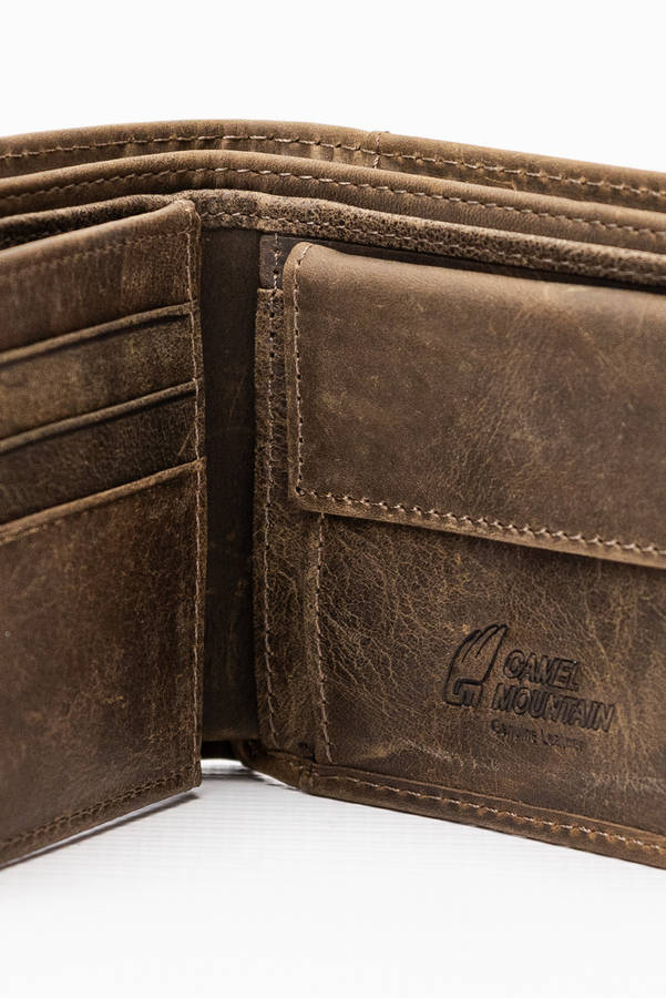 Camel Mountain Genuine Leather Tri-Fold Stitch Detail Wallet with Coin Pouch Brown