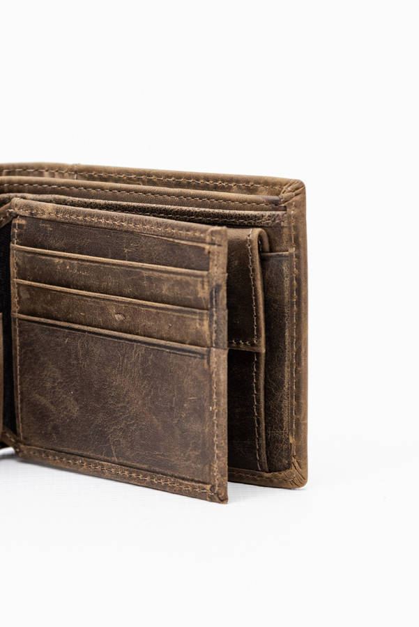 Camel Mountain Genuine Leather Tri-Fold Stitch Detail Wallet with Coin Pouch Brown