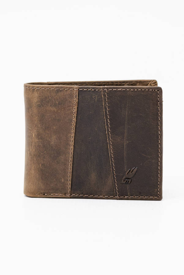 Camel Mountain Genuine Leather Tri-Fold Stitch Detail Wallet with Coin Pouch Brown