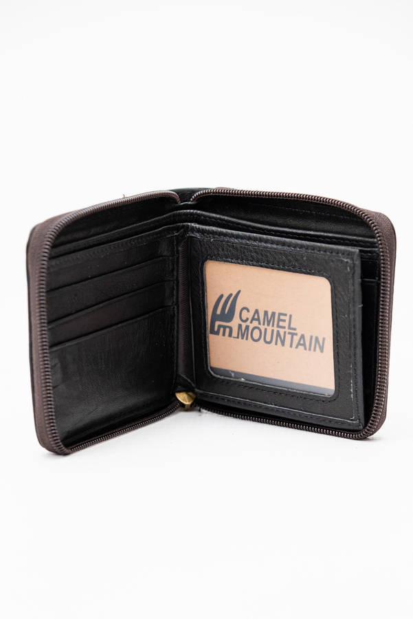 Camel Mountain Genuine Leather Zip Around Bi-Fold Wallet Black