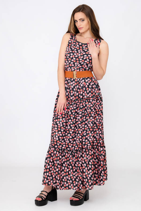 Kelly Floral Printed Sleeveless Maxi Dress With Pockets &amp; Belt