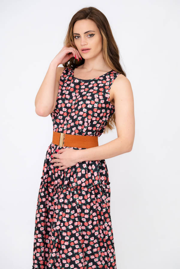 Kelly Floral Printed Sleeveless Maxi Dress With Pockets &amp; Belt