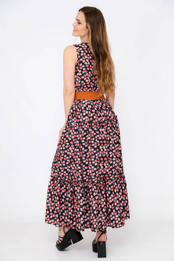 Kelly Floral Printed Sleeveless Maxi Dress With Pockets &amp; Belt